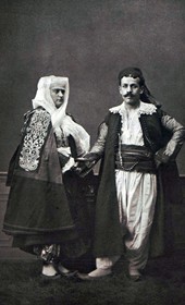 (1. right) Christian man from Shkodra; (2. left) Christian woman from Shkodra (source: Les Costumes populaires de la Turquie en 1873, Constantinople 1873, plate 16)