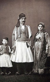 (1. centre) rich Albanian man from Janina; (2. right) rich Albanian woman from Janina; (3. left) child of a Albanian rich family (source: Les Costumes populaires de la Turquie en 1873, Constantinople 1873, plate 18)