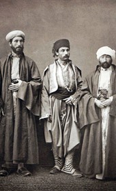 (1. right) hodja from Salonica; (2. left) haham-bashi (chief rabbi) of Salonica; (3. centre) town-dweller from Monastir (Bitola) (source: Les Costumes populaires de la Turquie en 1873, Constantinople 1873, plate 21)