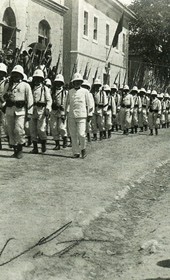 MSG101: Shkodra: French troops in colonial dress parading through town, July 1914 (Marquis di San Giuliano Photo Collection).