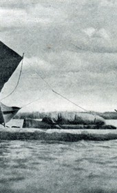 HAB83: “A hodja transporting goods through the Tërbuf marshes in a dugout” (Photo: Hugo Bernatzik, 1929).
