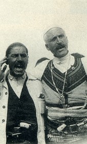 Four bajraktars (tribal chieftains). Centre left is the bajraktar of Hoti and centre right the bajraktar of Kelmendi (Photo: Carleton Coon 1929).