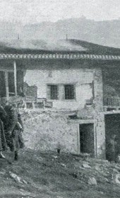 Grothe1912.110: Headquarters of Montenegrin General Martinović at Muriqan. In the hills are Montenegrin artillery positions firing on Mount Tarabosh (Photo: Hugo Grothe, 1912).