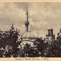 EJQ041: The Mosque of Iljaz bey Mirahor dating from 1494 and the clock tower in Korça, Albania – first view.
