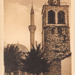 EJQ042: The Mosque of Iljaz bey Mirahor dating from 1494, and the clock tower in Korça, Albania – second view.