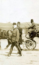 Jäckh103: "Commander-in-chief, General Shefket Torgut Pasha (wearing a wrap around his head) in Shkodra. In front of him is the retired Grand Vizier, Hilmi Pasha" (Photo: Ernst Jäckh, ca. 1910. Courtesy of Rare Books and Manuscript Library, Columbia University, New York, 130114-0032).