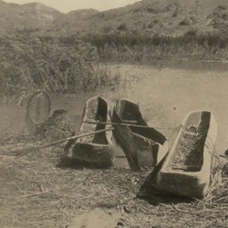 FMG030: Dugouts and fishing baskets in the marshes of Lake Maliq near Korça, Albania (photo: Friedrich Markgraf, 1924-1928).