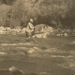FMG032: Crossing the upper Shkumbin River with a mule, near Hondisht in the Pogradec region of Albania (photo: Friedrich Markgraf, 1924-1928).