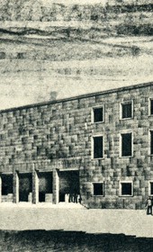 GM143: Sketch of the building of the Dopolavoro Albanese, a fascist leisure and sports organisation. It was constructed and now houses the Academy of Arts in Tirana (Photo: Giuseppe Massani, 1940).