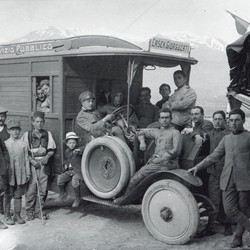 DhV015: Public transportation, the bus from Erseka to Jorgucat (south of Gjirokastra), at the time of the First World War or thereafter. Kolonja, Albania (photo: Dhimitër Vangjeli).