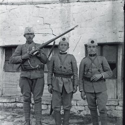 DhV021: Three young gendarmes of the early independence period. Kolonja, Albania (photo: Dhimitër Vangjeli).